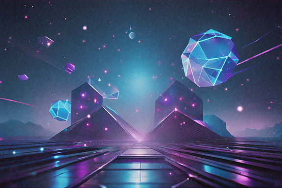 A surreal digital landscape featuring glowing blue and purple structures with floating holographic elements surrounded by particles and light effects..png